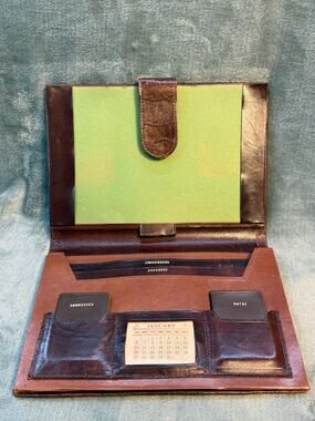 Vintage Brown Leather Folio Desk Organizer Address Book Notes Calendar 7x11 inch